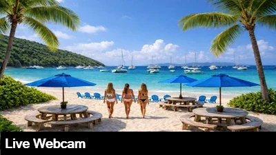 Live view of the outside bar, beach and boats from the Soggy Dollar Bar in Jost Van Dyke, British Virgin Islands.