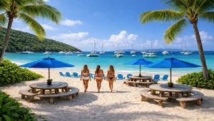 Live view of the outside bar, beach and boats from the Soggy Dollar Bar in Jost Van Dyke, British Virgin Islands.