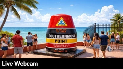 Live view of the southernmost point landmark with people posing in front of it for pictures with the ocean in the background,