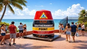 Live view of the southernmost point landmark with people posing in front of it for pictures with the ocean in the background,