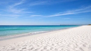 Live, close up view of the beautiful white sand beach and Gulf from Sterling Reef in Panama City Florida.