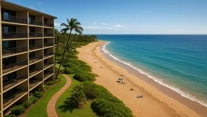 Live view of Sugar beach and the Pacific looking down from the top of the Sugar Beach Resort