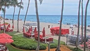 Beautiful high definition view looking down at an outdoor restaurant with the beach and ocean in the background.