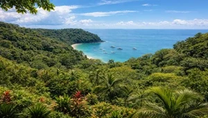 Live view from the Tulemar Resort overlooking the lush, dense jungle and Pacific Ocean.