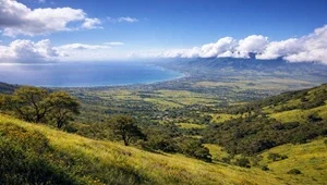 Live view from the slopes of the Haleakala volcano looking down towards Kihei, Maui.