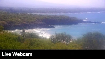 Live view overlooking Hapuna Beach, the rugged shoreline and the Pacific Ocean.