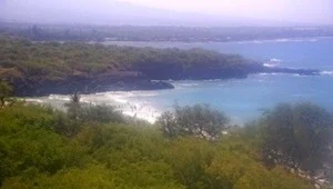 Live view overlooking Hapuna Beach, the rugged shoreline and the Pacific Ocean.