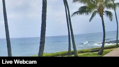 Live view of the Pacific ocean and boardwalk area from the Whalers Cove webcam in Kauai, Hawaii
