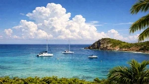 Live view from the Pink House Villas overlooking the turquoise Caribbean and boats moored in White Bay.